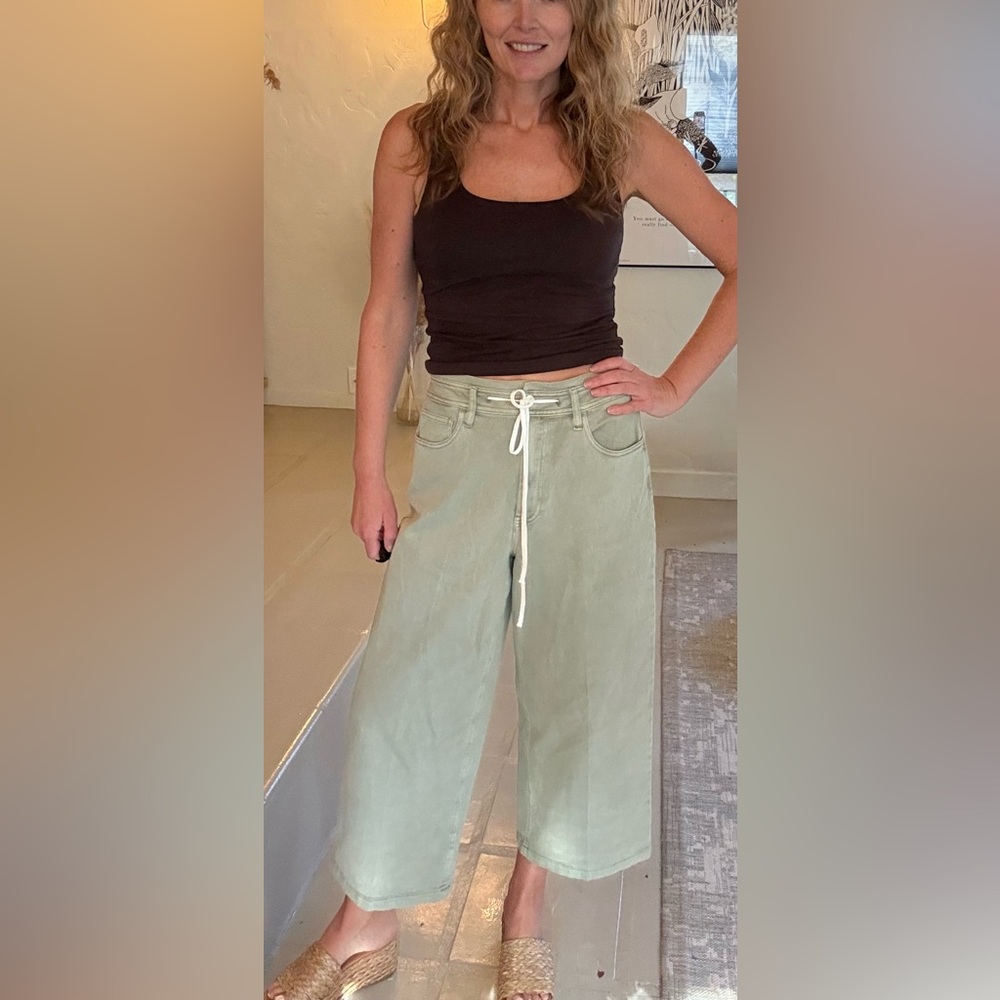 Dear John Wide Leg Crop Pants in Sage Green with Drawstring